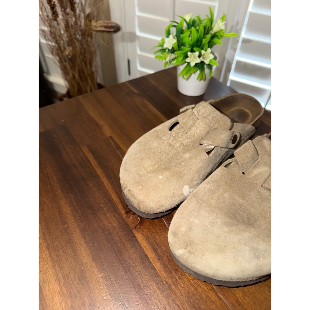 Birkenstock Boston Suede Clogs Taupe Tan Buckle Slip On Shoes Mens 7 Womens 9 40 - Picture 3 of 10
